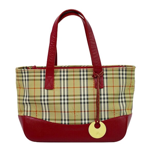 Burberry Plaid Canvas Leather Tote Handbag Beige Red Gold - Picture 1 of 10